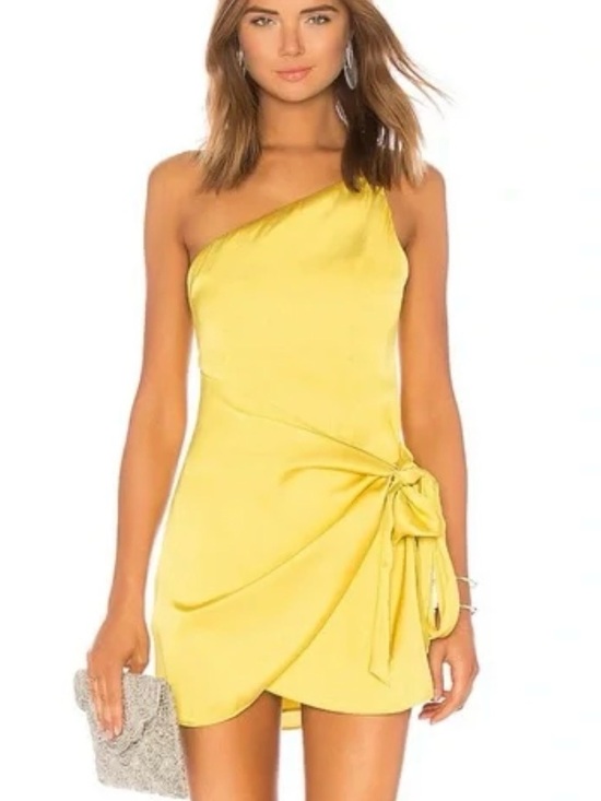 Lovers + Friends Dresses & Skirts - Lovers + Friends One-Shoulder yellow/gold Satin Mini Dress with Side Knot NWT